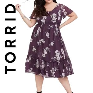 Torrid Purple & White Floral Ruffle Chiffon Midi Dress 3X NWOT